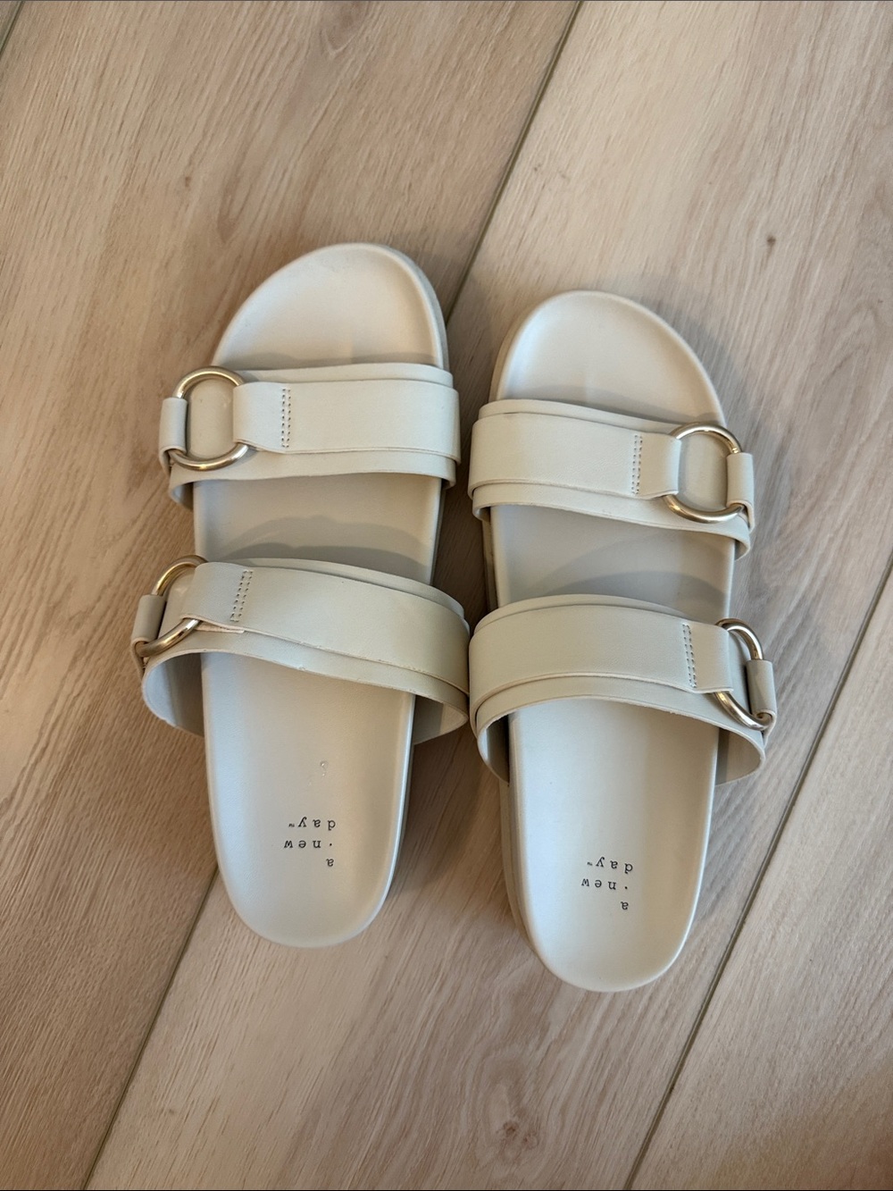 A New Day size 11 WORN ONCE Cream Double-Strap Slide Sandals with Gold Hardware